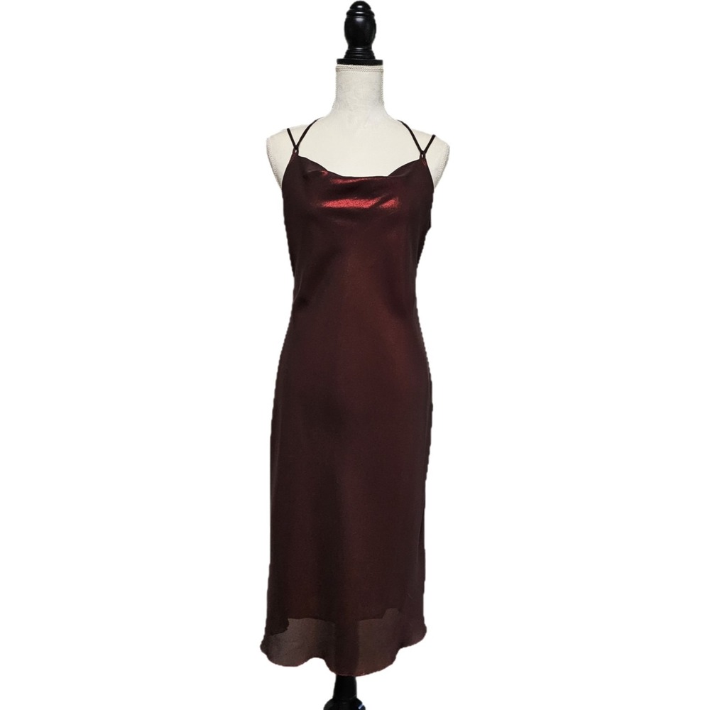 Jonathan Martin Metallic Burgundy Halter Cowl Neck Midi Slip Dress Sz M Y2K Vamp